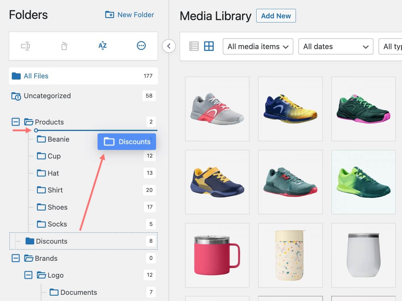 CatFolders drag and drop UI indicator WP media folders preview