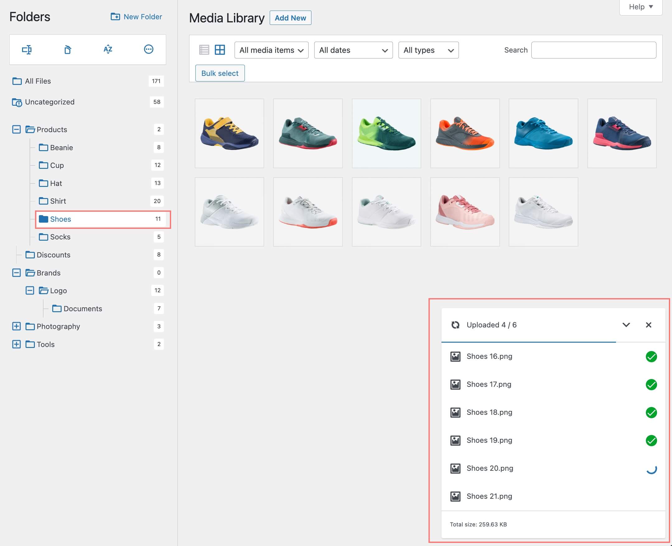 CatFolders uploading files Wp media folders interface
